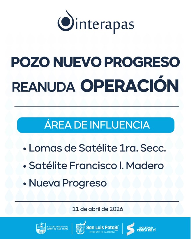 INFORMA INTERAPAS QUE ENTRÓ EN OPERACIÓN EL POZO NUEVA&nbsp;PROGRESO