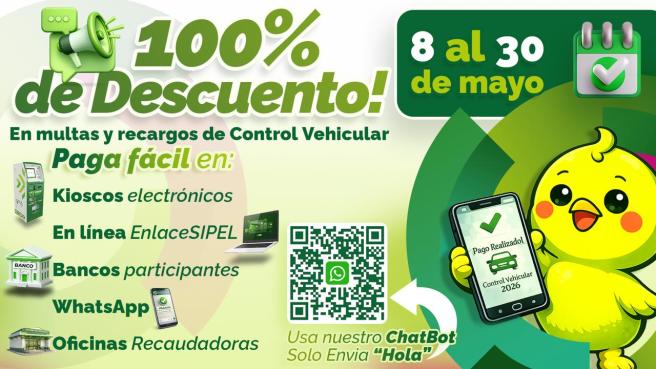 CIEN POR CIENTO DE DESCUENTO EN MULTAS Y RECARGOS DE CONTROL VEHICULAR EN&nbsp;MAYO