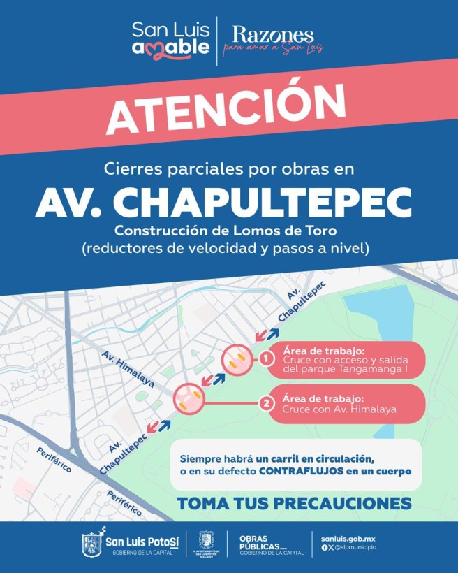 A PARTIR DE ESTE DÍA Y DURANTE 4 SEMANAS HABRÁ CIERRES PARCIALES EN AV. CHAPULTEPEC ANUNCIA EL AYUNTAMIENYO DE LA&nbsp;CAPITAL