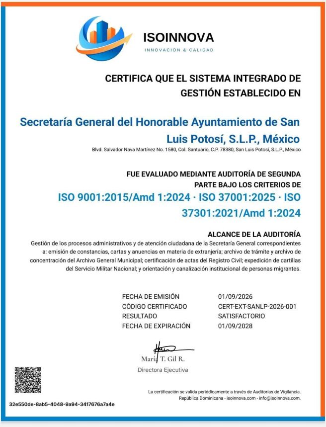 LOGRA TRES CERTIFICACIONES EN NORMAS INTERNACIONALES LA SECRETARÍA GENERAL DE GOBIERNO DEL AYUNTAMIENTO DE LA&nbsp;CAPITAL
